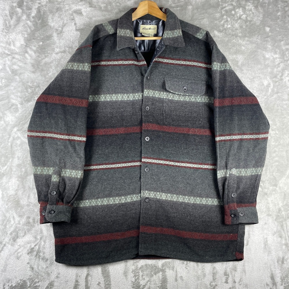 Vintage Eddie Bauer Shirt Jacket Mens Large 90s Wool Striped Shadow Plaid Aztec
